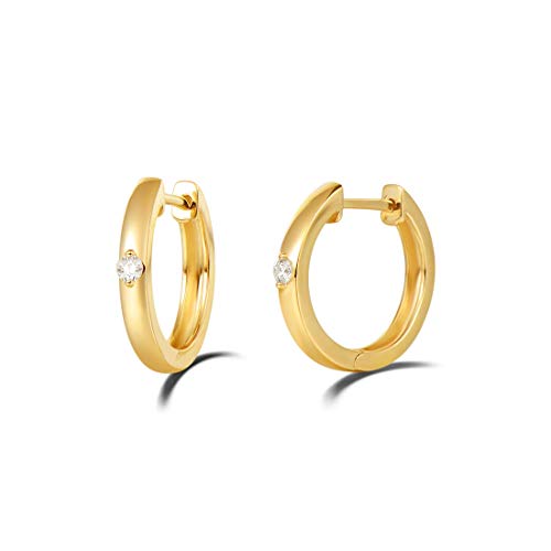 Solide 14 Karat 585 Gold Creolen Huggies Klein Ohrringe mit Natürlichem Diamant 0,05 ct Echt Schmuck für Damen Mädchen - Durchmesser: 14 mm