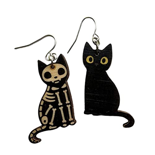 WINBST Halloween Ohrringe für Damen, Holz Schwarze Katze und Skeleton Katze Ohrringe Halloween Thema Schmuck