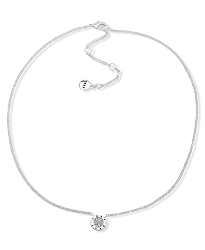 DKNY Silver-Tone Pave Disc Necklace for Women with Logo Pendant and Crystal Stones