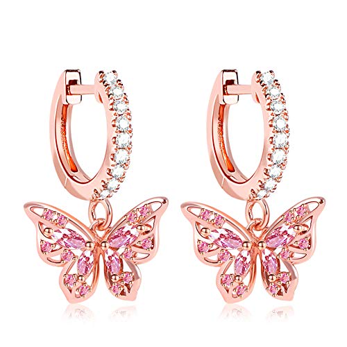 Gnoce Schmetterling Hängend Ohrring Sterling Silber Rose Gold Creolen Ohrringe mit Zirkonia Mode Tropfen Ohrringe Schmuck für Frauen Mädchen
