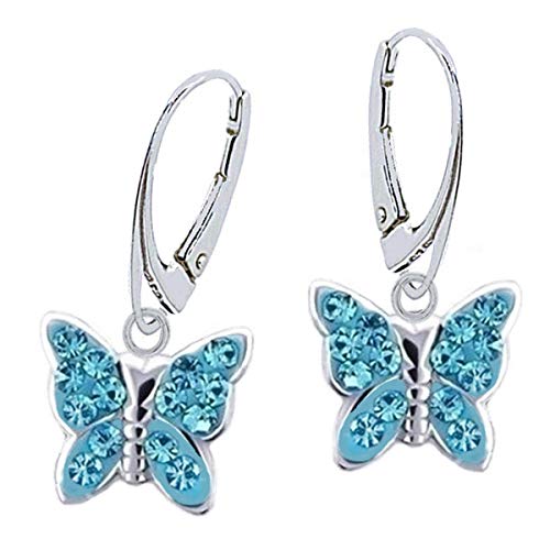 für Dich Blau Kristall Schmetterling Brisuren Ohrringe 925 Echt Silber Mädchen Ohrhänger