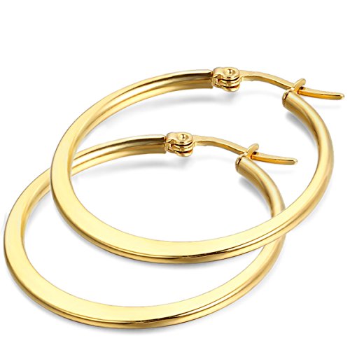 JewelryWe Schmuck Damen Ohrringe, 24mm flache runde große Creolen Ohrhänger, Edelstahl, Gold