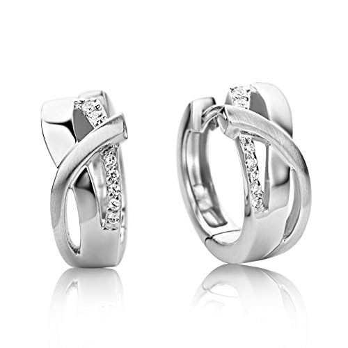Miore Damen Creolen – Formvollendete Ring-Ohrringe aus 925 Sterling Silber mit 14 farblosen Zirkonia-Steinen – Ohrschmuck 6,5 x 16 mm