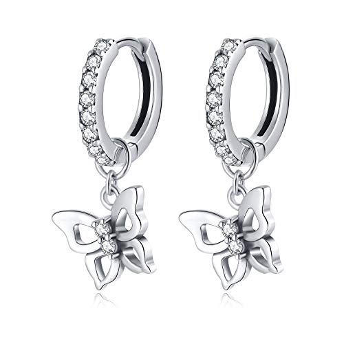 Qings Ohrstecker Schmetterling für Frauen Silber 925 Mädchen - Creolen Ohrringe Zirkonia Ohrhänger Huggies Ohrring Schmuck