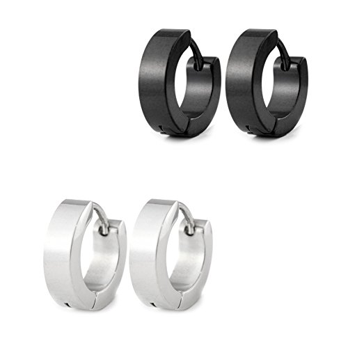 2 Paar (4 Stück) Ohrringe Schwarz und Silber. Damen und Herren Edelstahl Klapp-Creolen (4mm breit - 13mm Durchmesser)