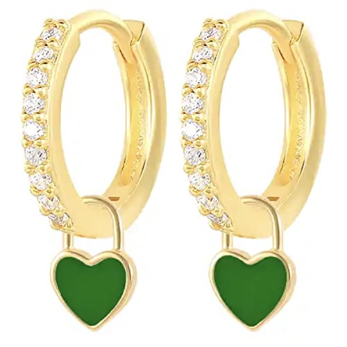 AT Jewellery - 14 Karat Gold gefüllte, tropfenförmige grüne Herz-Huggie-Creolen für Mädchen und Kinder, Zirkonia-Ohrringe