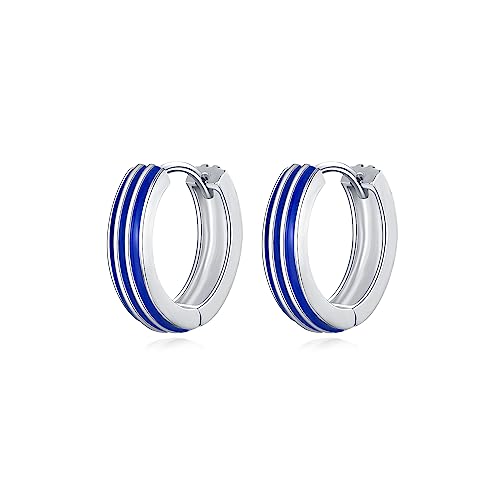 PHNIBIRD Ohrringe Silber 925 Creolen Ohrringe Herren mit Blauen Streifen Unisex Schmuck Geeignet für das Tragen im Alltag und als Geschenk (Blau Streifen)