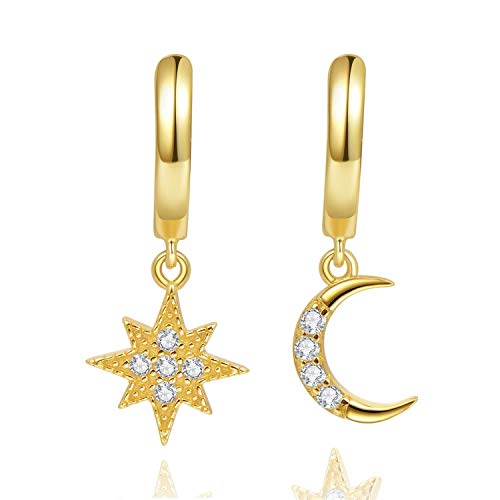 Stern Mond Huggie Creolen, 14k vergoldet Sterling Silber kleine blaue CZ Evil Eye Ohrringe für Frauen oder Mädchen (Gold)