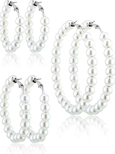Künstliche Perle Creolen 3 Paar Perlen Ohrringe für Frauen Mädchen Bräute Geschenk (Silber Ohrringnadel)